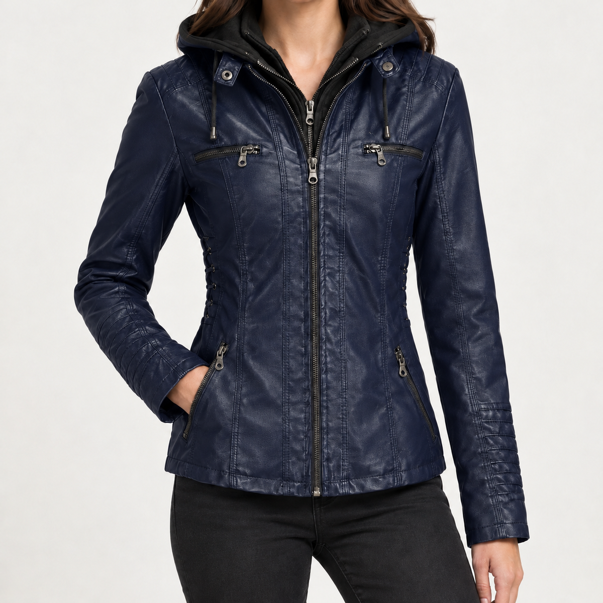 Clarisse Hooded Leather Jacket - Dark Blue