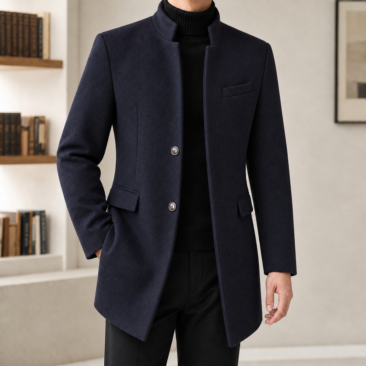 Blaise Stand Collar Overcoat - Navy Blue