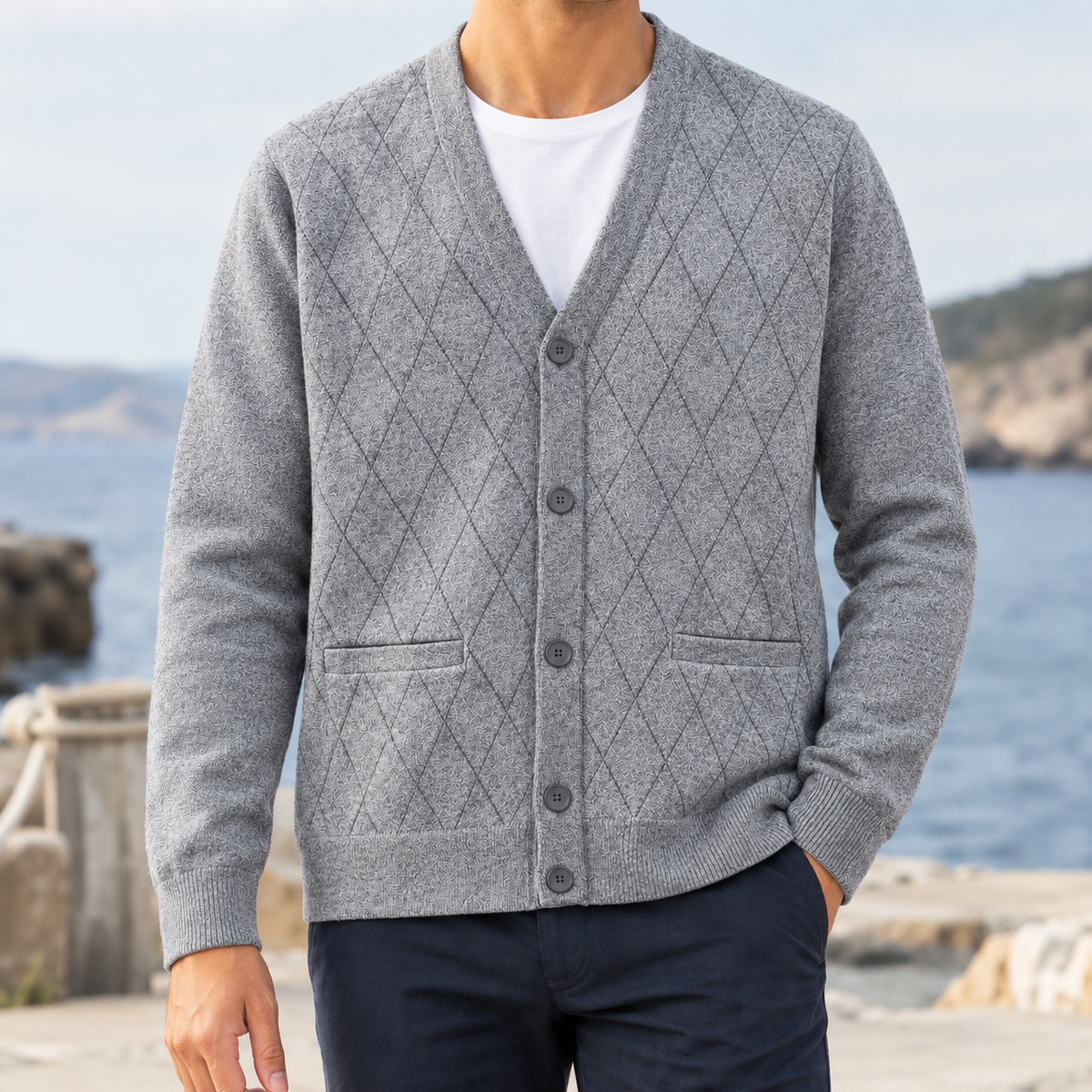 Santiago Argyle Cardigan - Light Gray