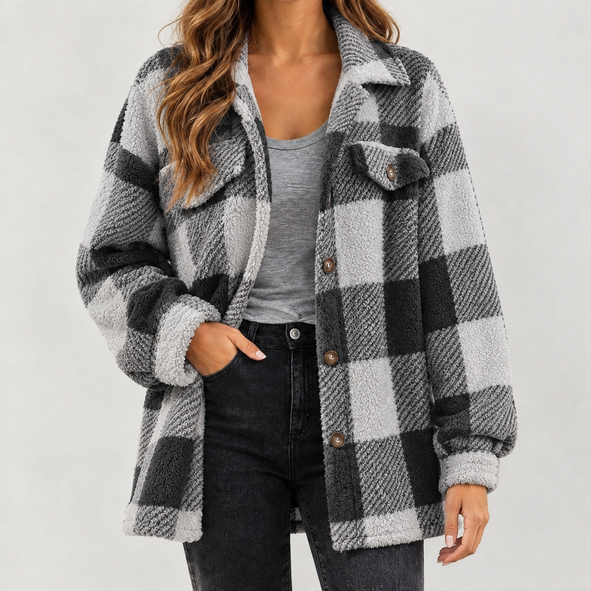 Maribel Plush Plaid Jacket - Gray