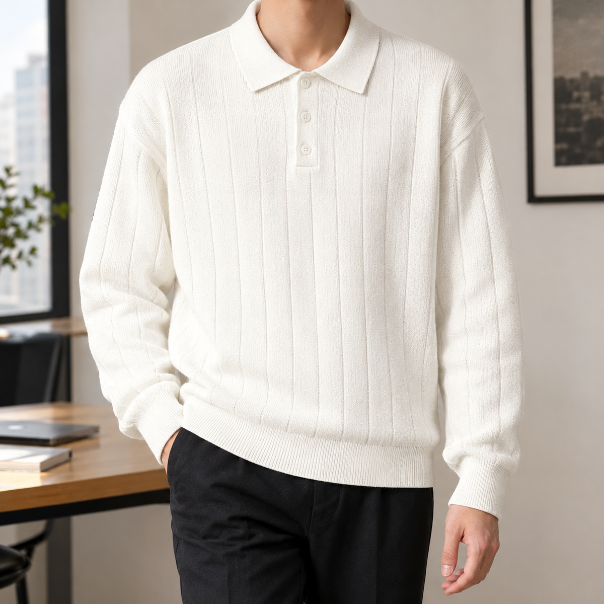 Eugenio Ribbed Polo Sweater - White
