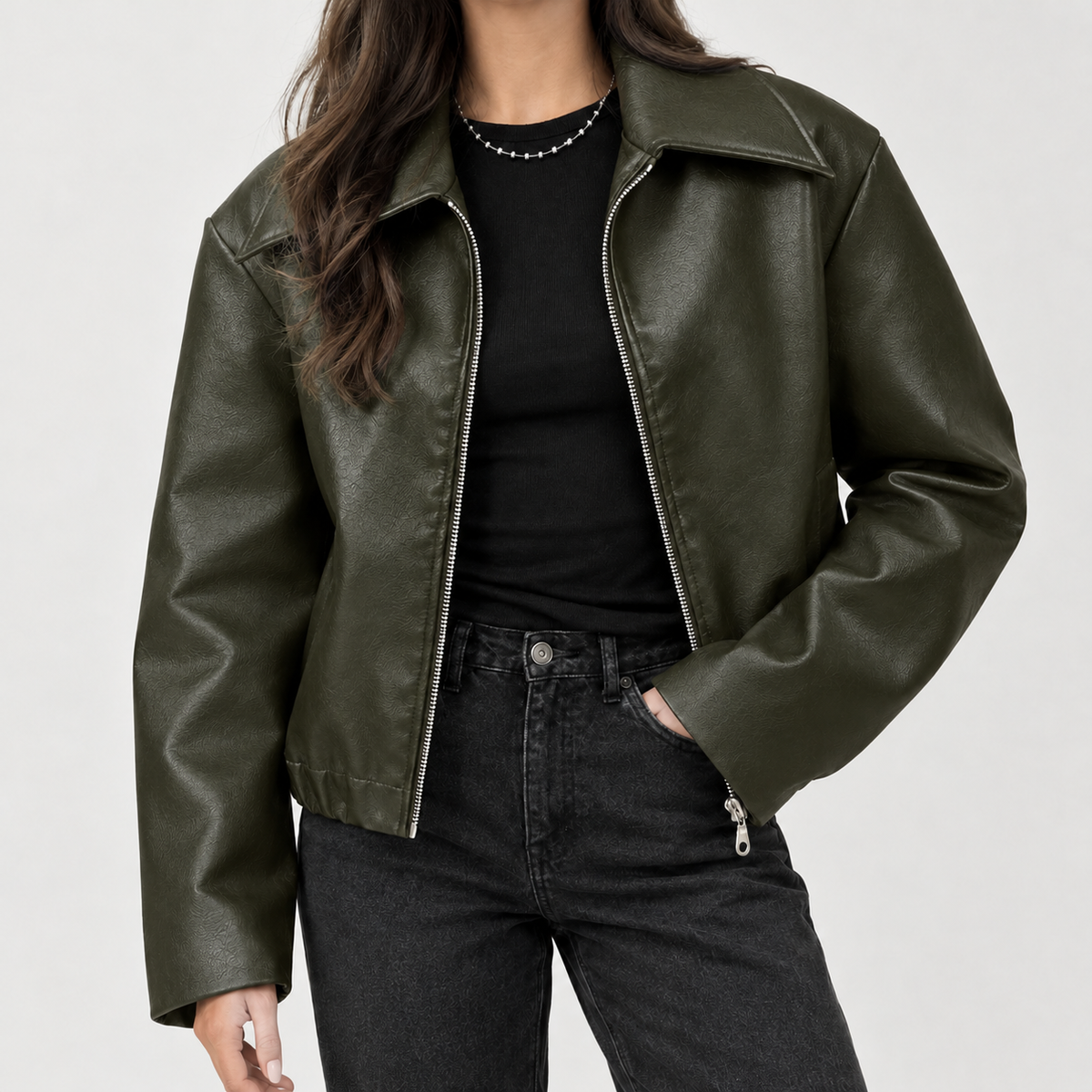 Ilse Collared Zip Jacket - Dark Green
