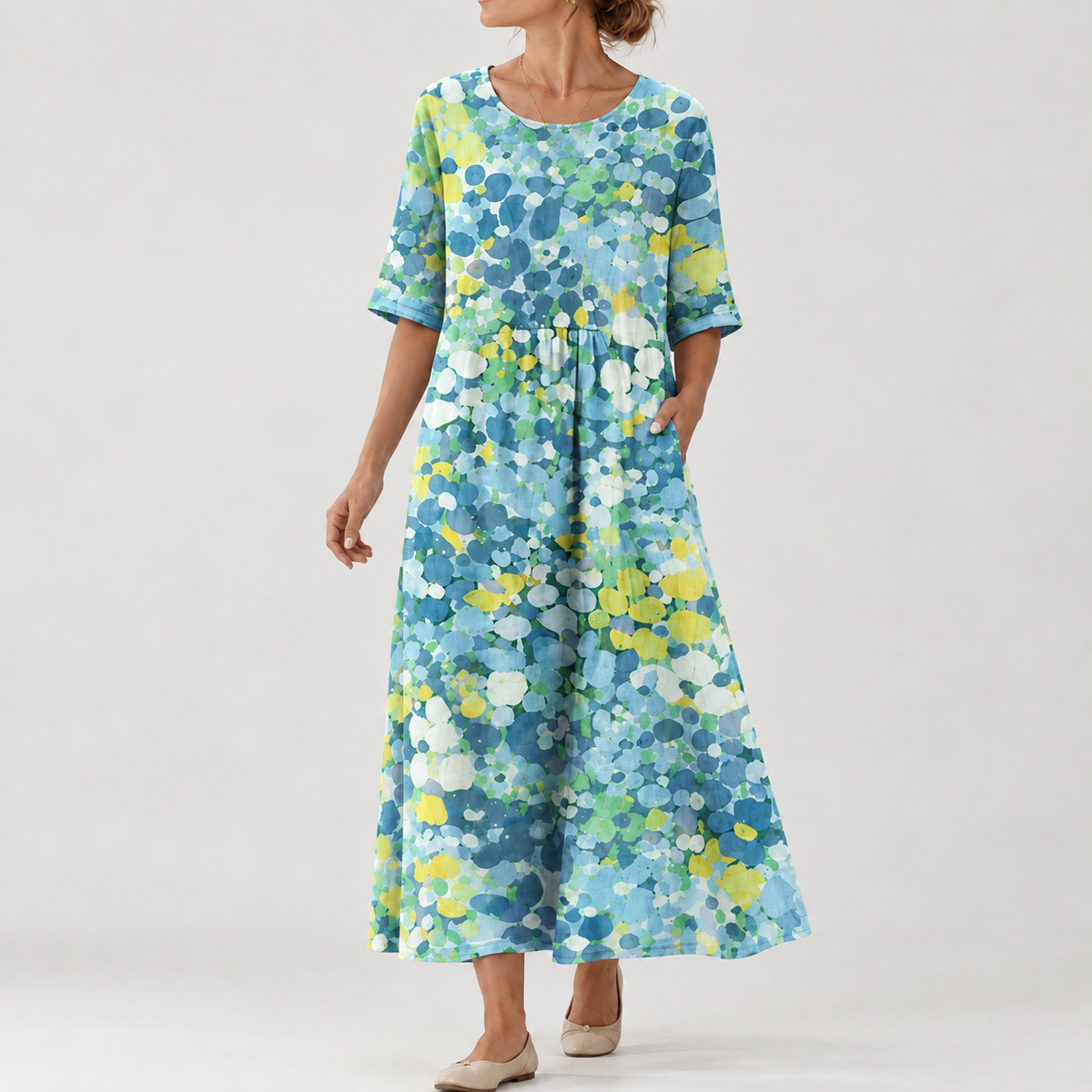 Sofia Gathered Midi Dress - Lake Blue