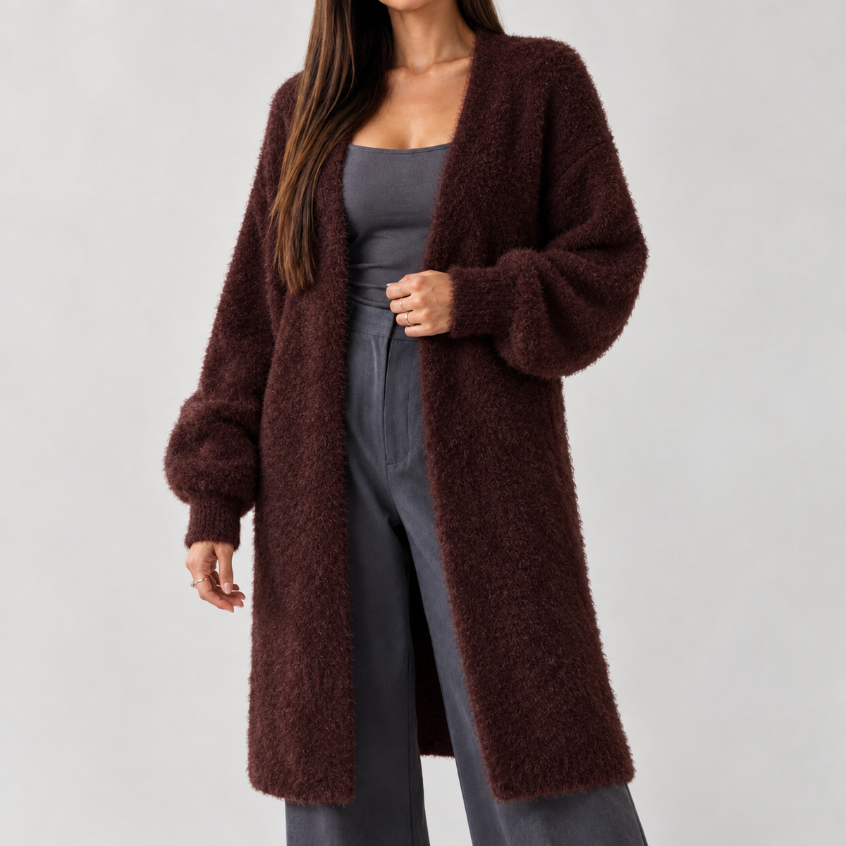Fabiola Fuzzy Longline Cardigan - Brown
