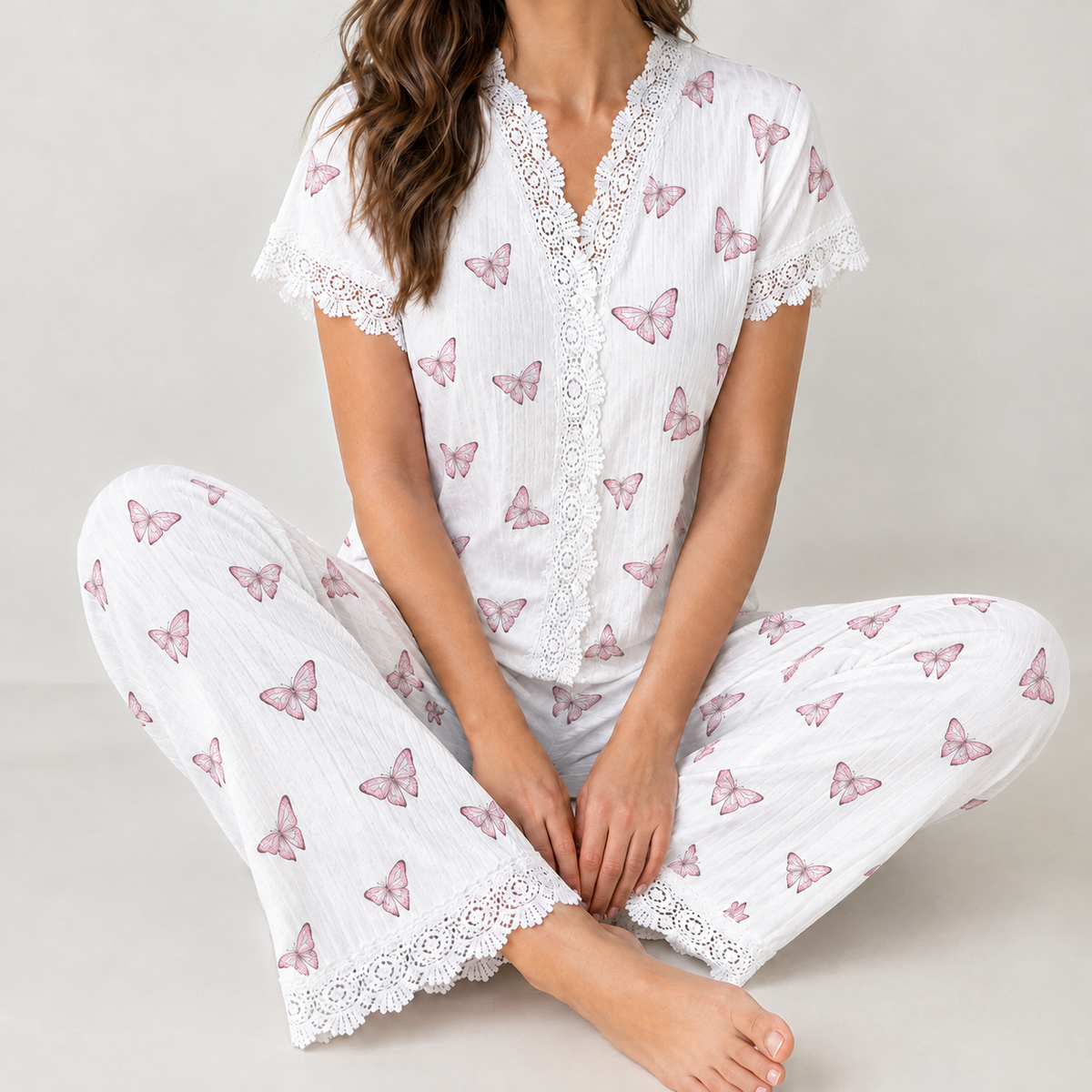 Charlene Lace Trim Pajama Set - Butterfly On White Background