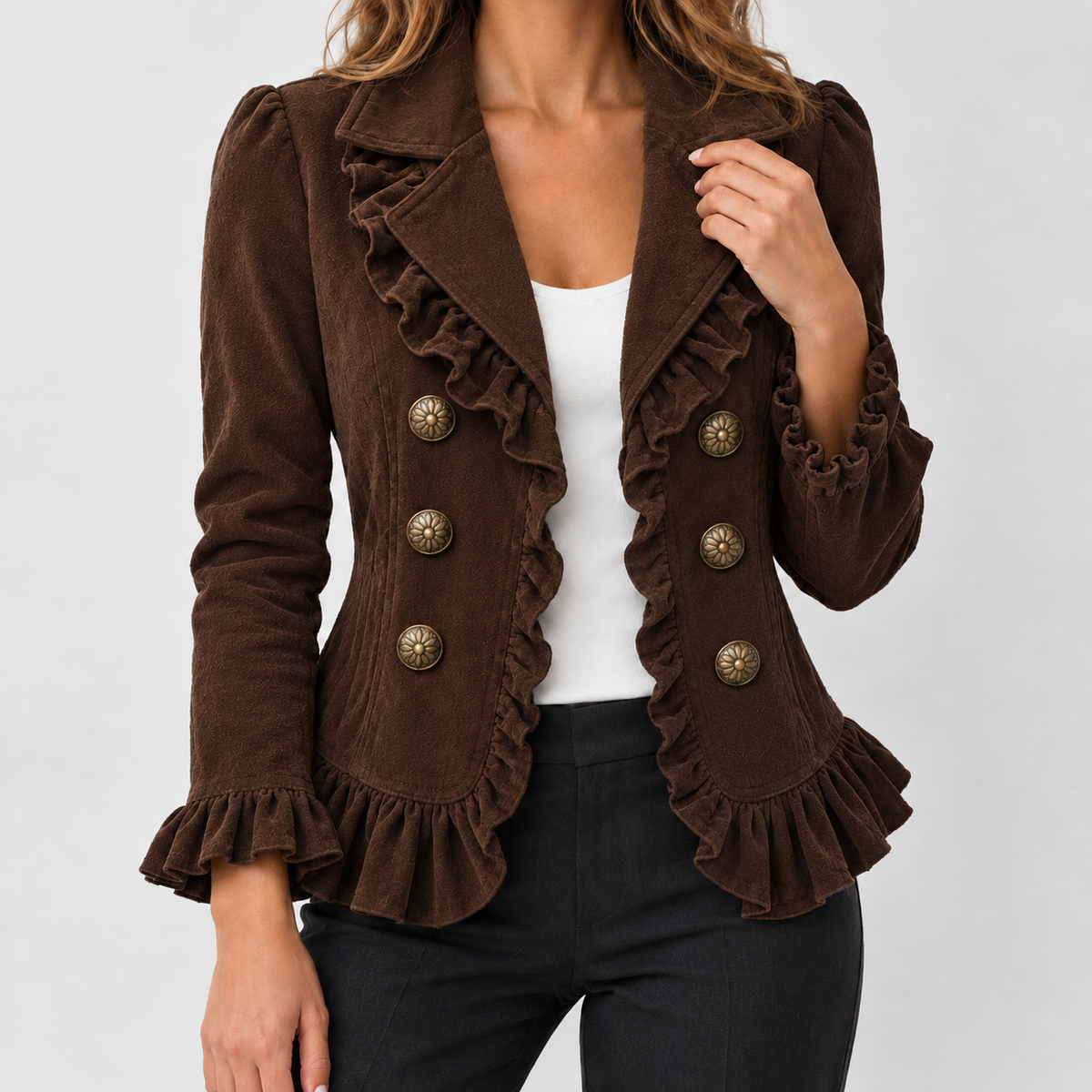 Alicia Ruffle Trim Jacket - Coffee