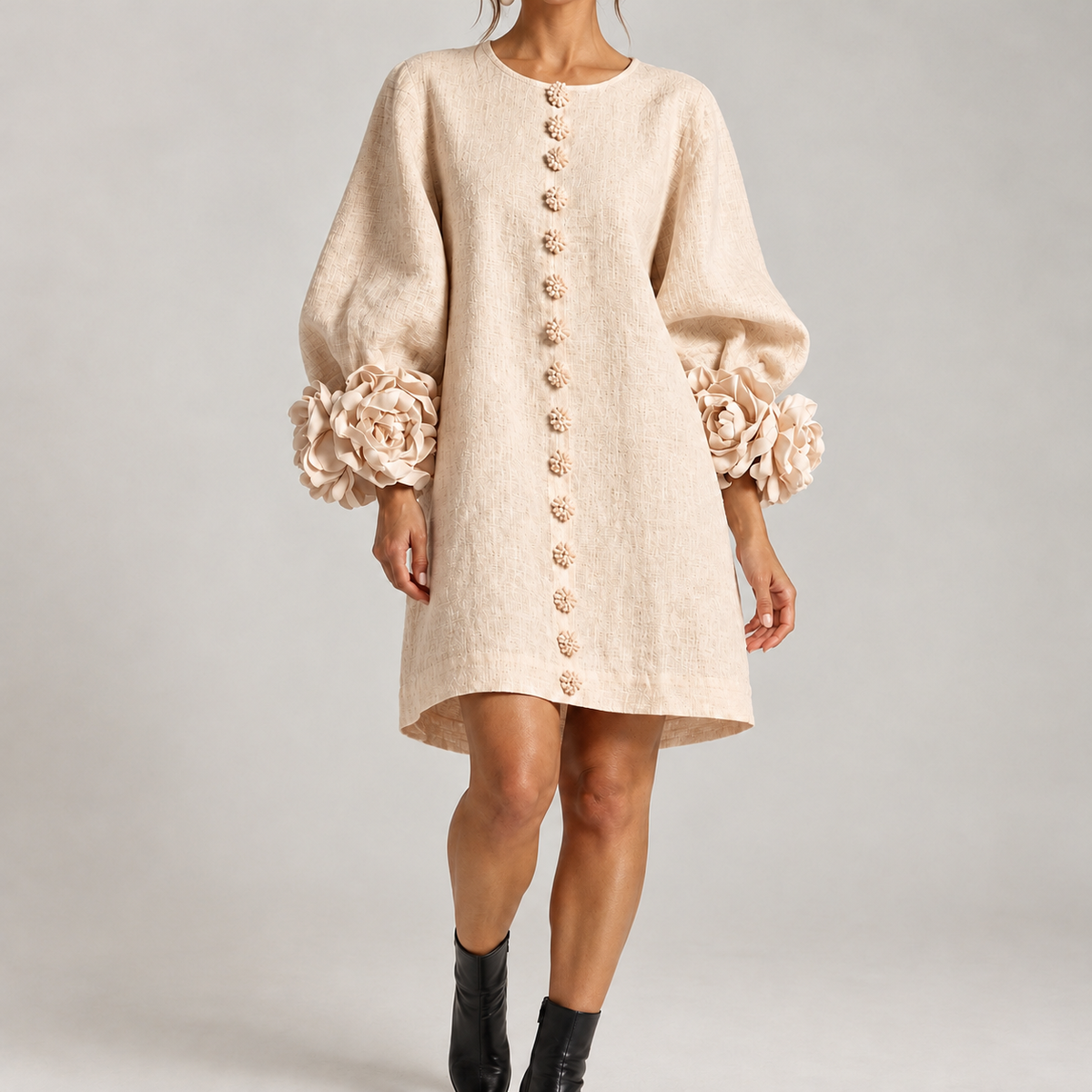 Helma Floral Cuff Dress - Apricot