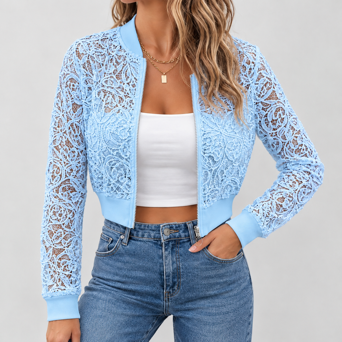 Emma Lace Bomber Jacket - Sky Blue