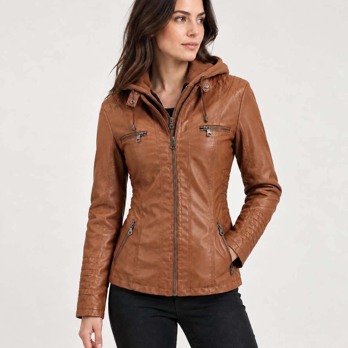 Clarisse Hooded Leather Jacket - Camel