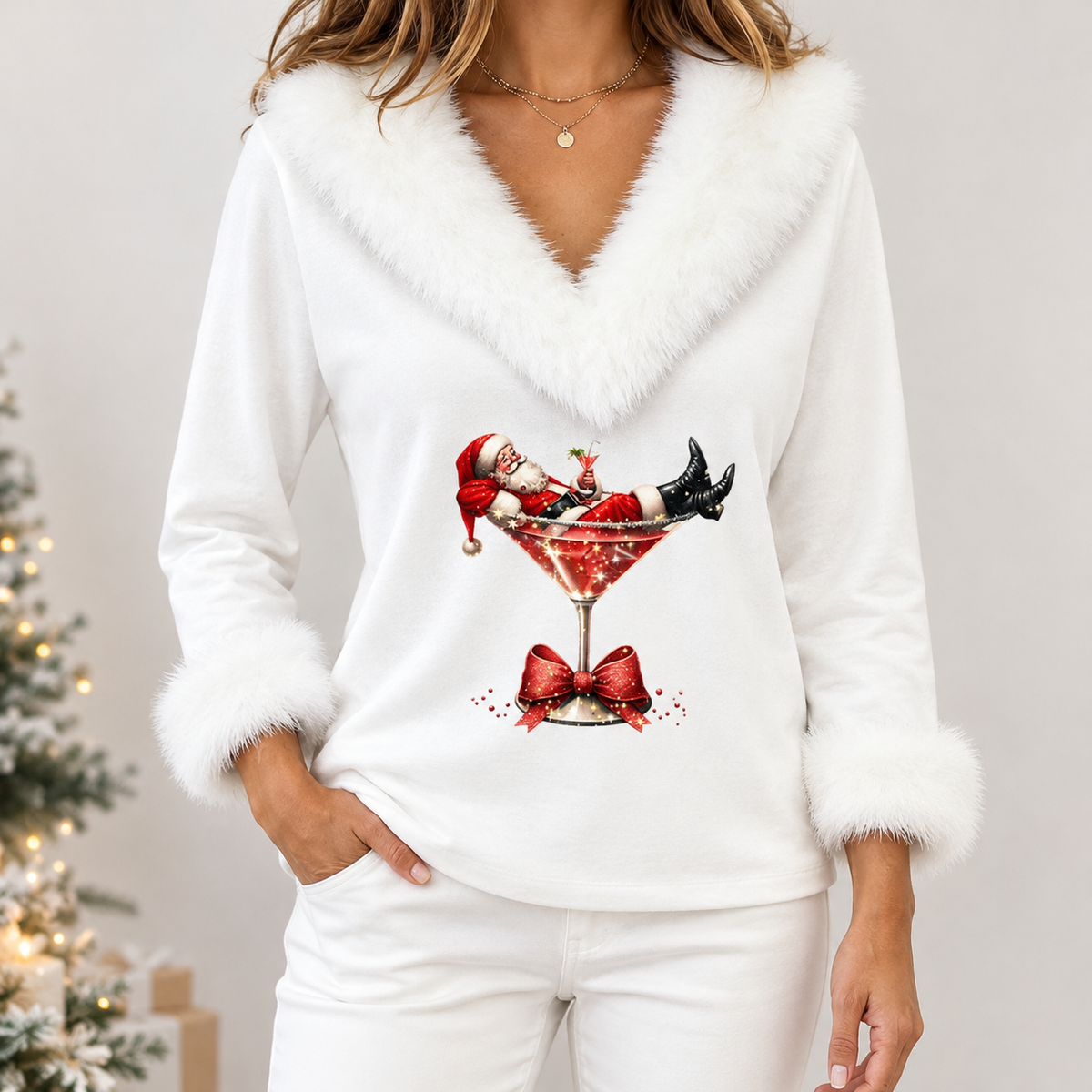 Sandrine Festive V Neck Top - White