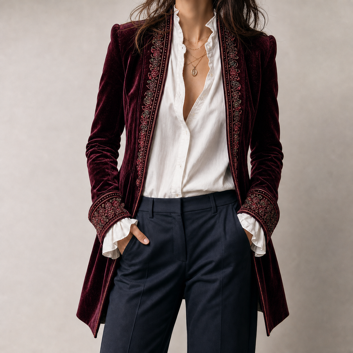Felicie Embroidered Velvet Jacket - Purple Red