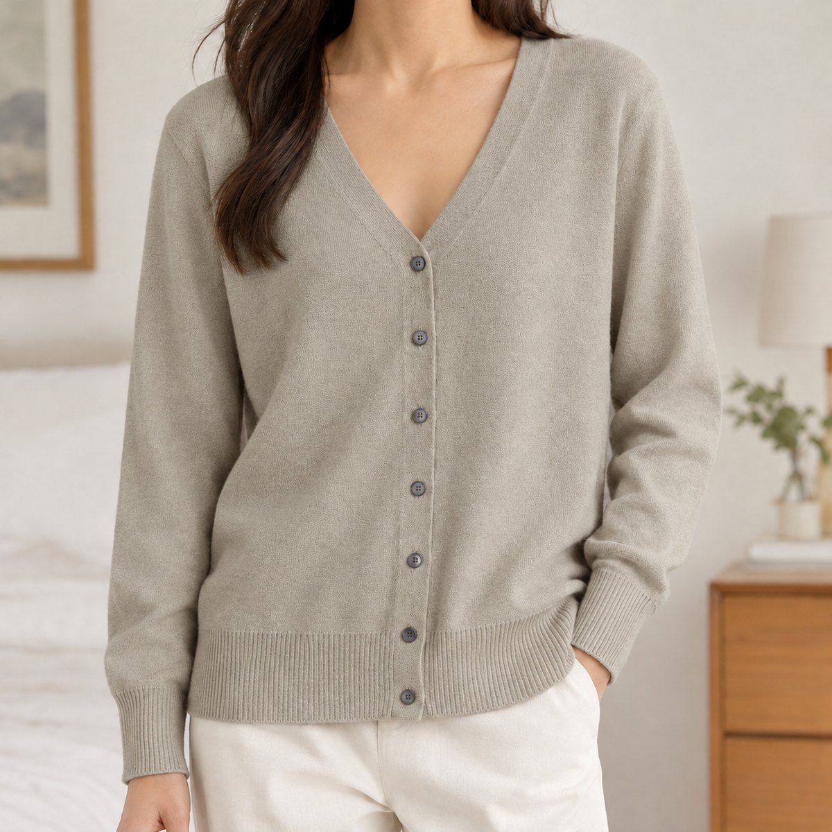 Constanze V Neck Cardigan - Light Flower Camel
