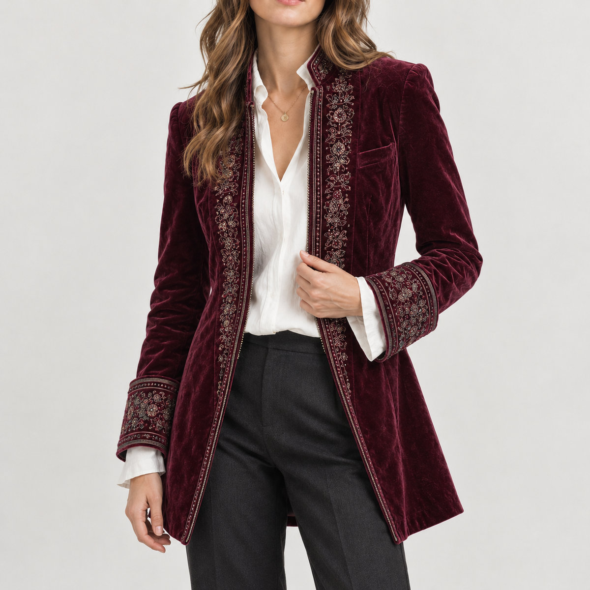 Felicie Embroidered Velvet Jacket - Purple Red