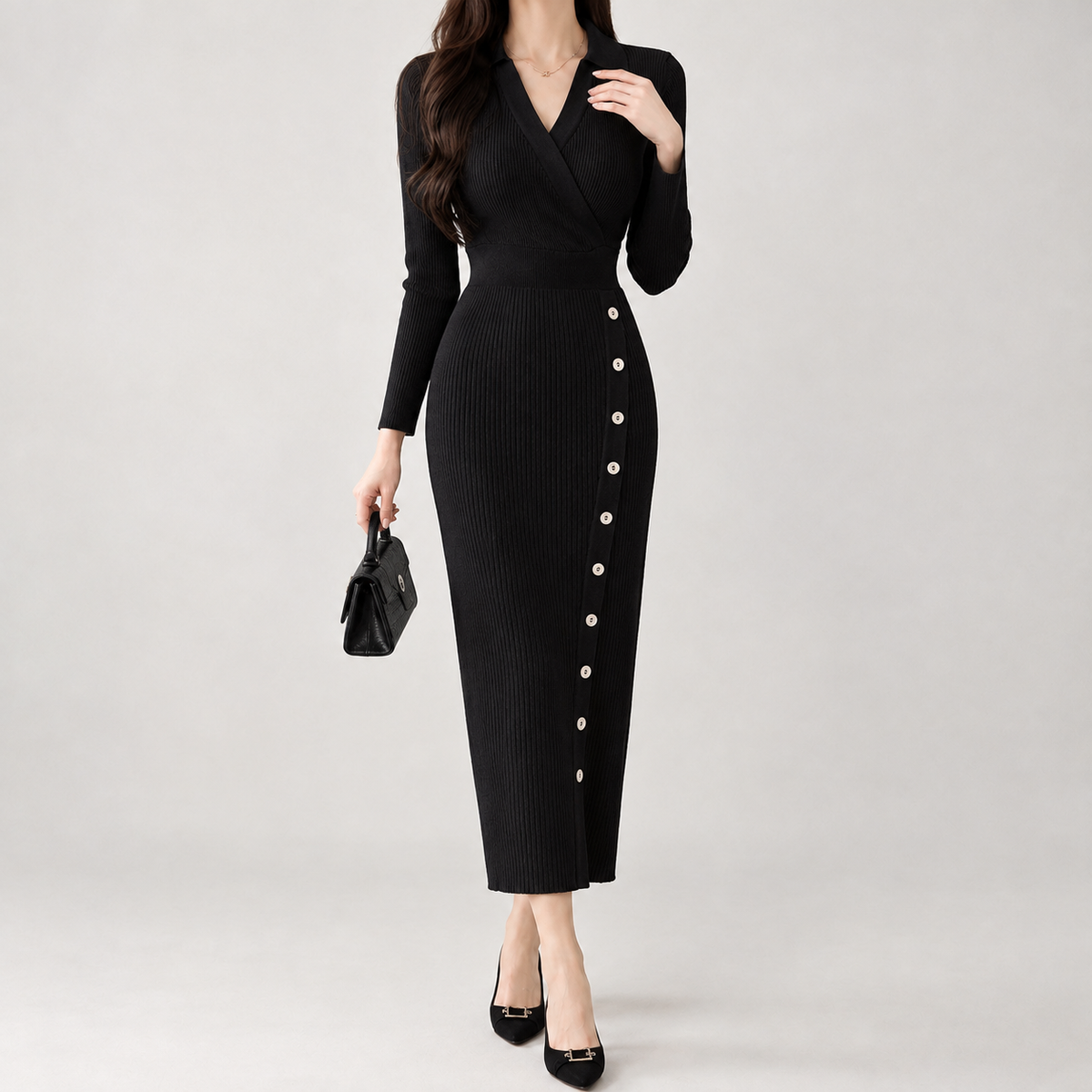 Gloria Wrap Midi Dress - Black