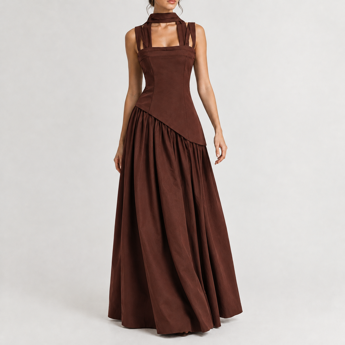 Majken Asymmetric Maxi Dress - Brown