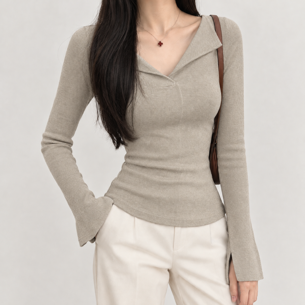 Vivian V Neck Top - Khaki