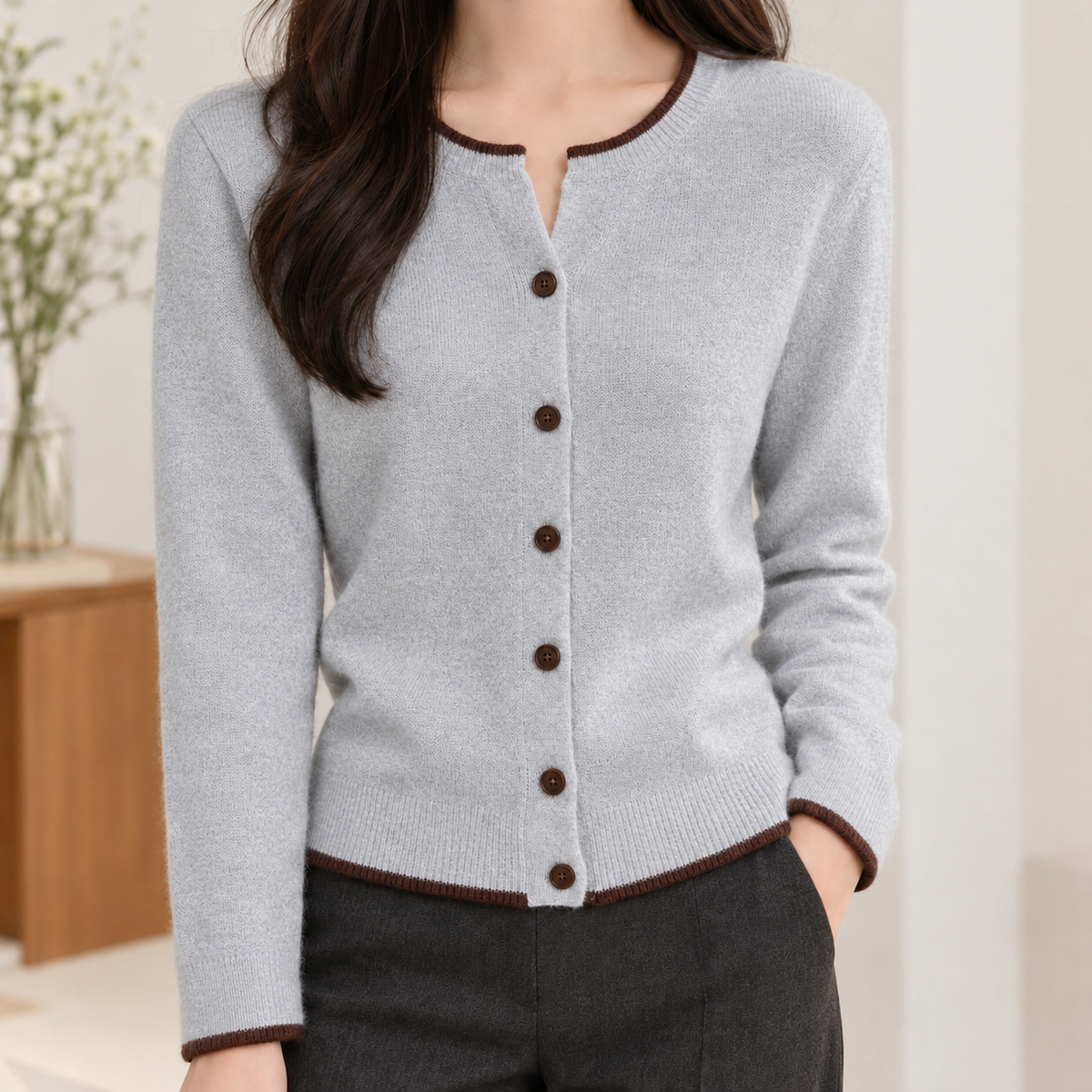 Albane Contrast Trim Cardigan - Gray