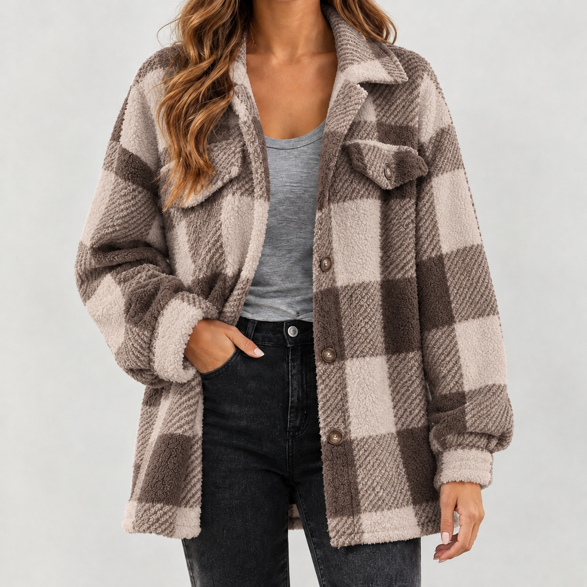 Maribel Plush Plaid Jacket - Brown
