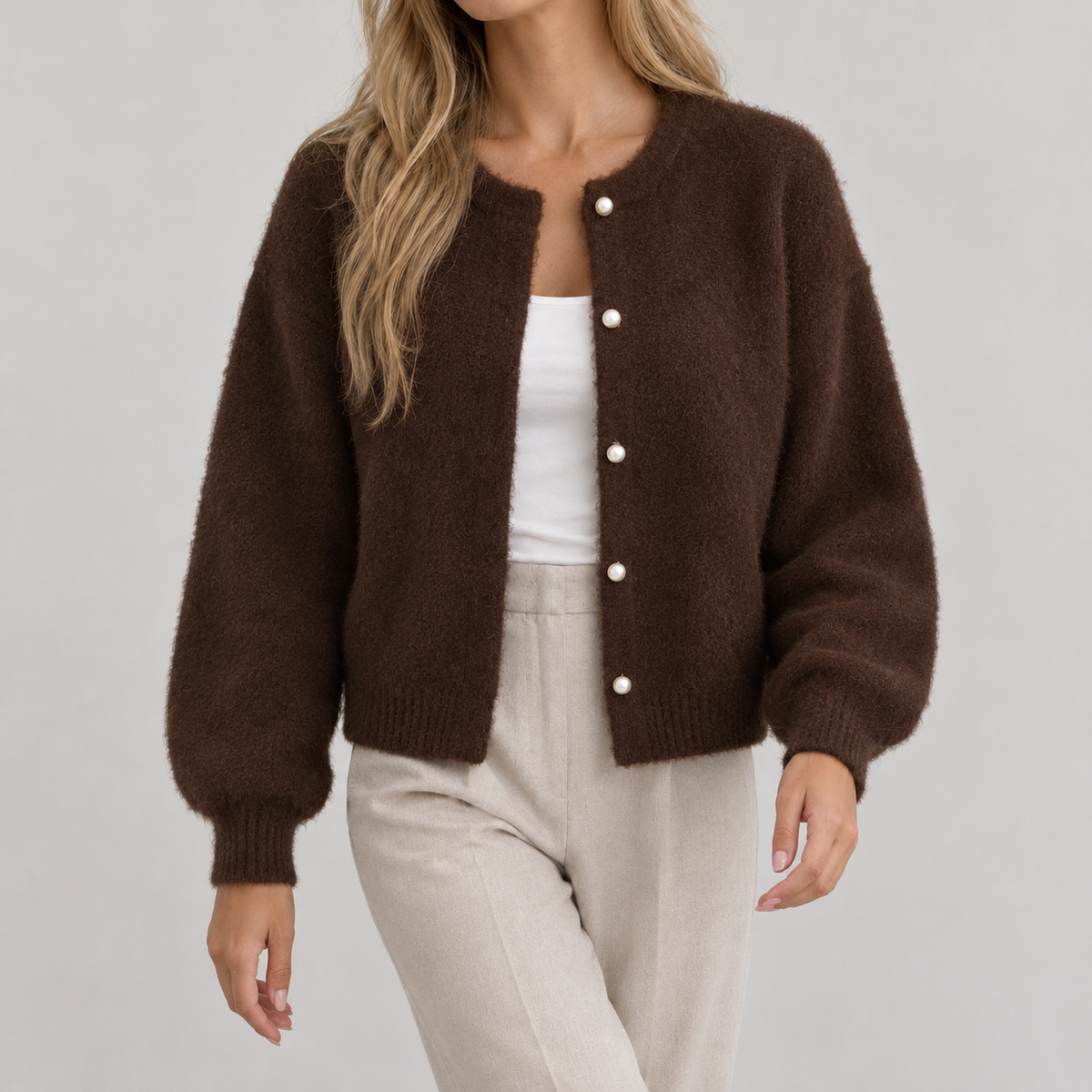 Clotilde Pearl Button Cardigan - Brown