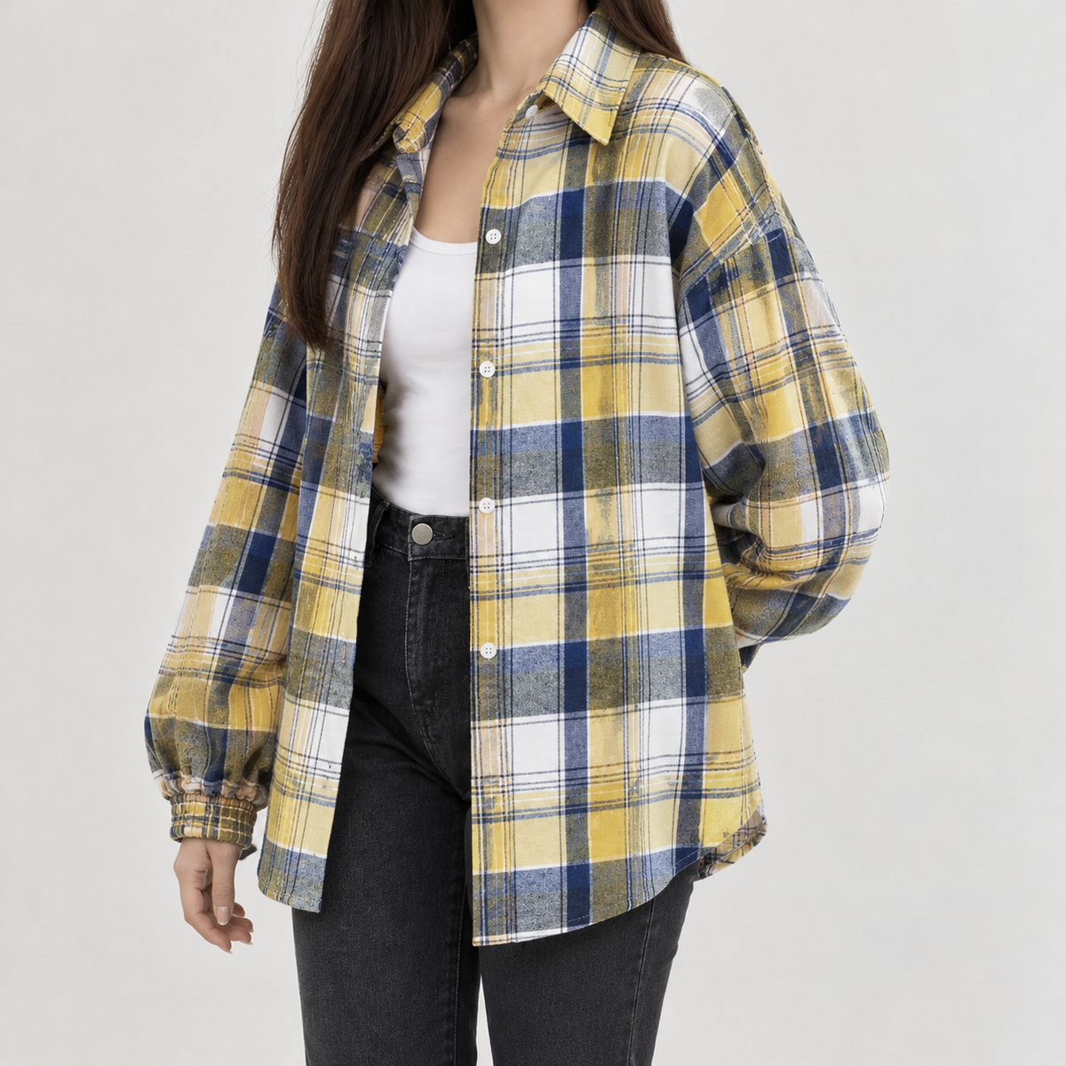 Charline Plaid Overshirt - Yellow Blue Grid