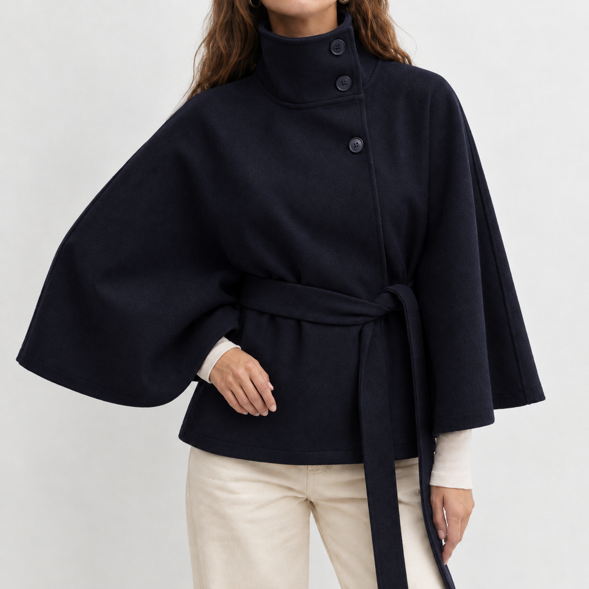 Ronja Stand Collar Cape Jacket - Navy Blue