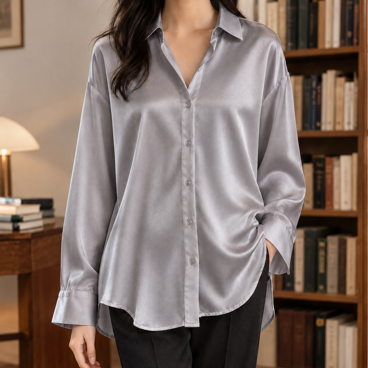 Francien Draped Satin Shirt - Silver Gray