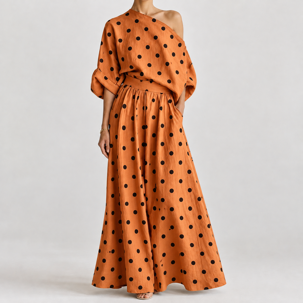 Rosaria Off Shoulder Skirt Set - Wave Dot Orange