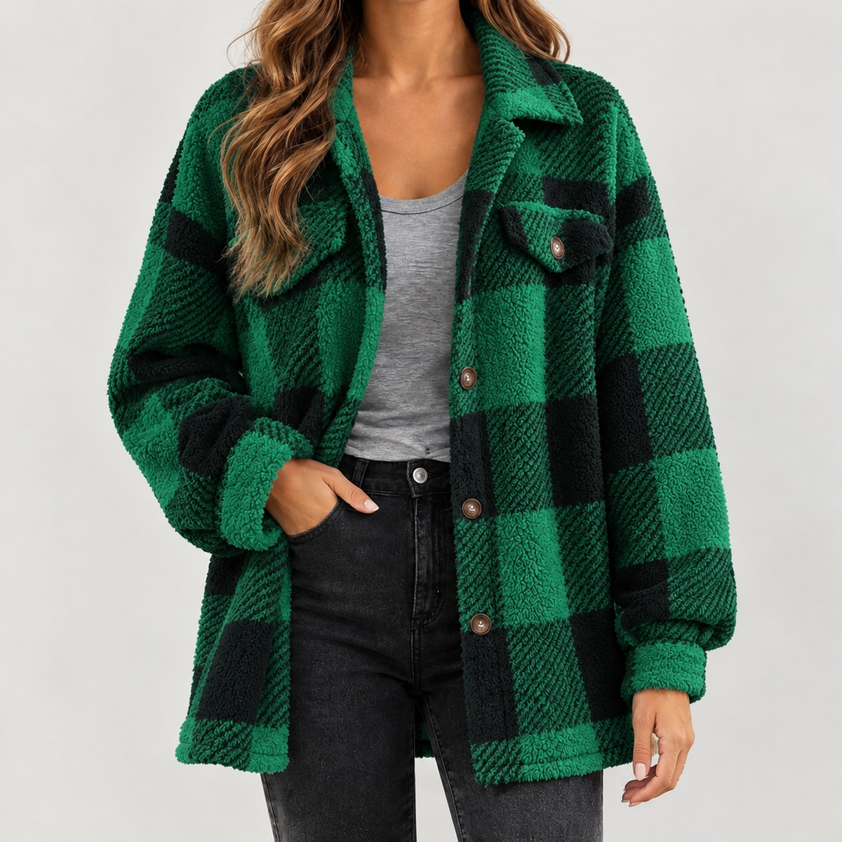 Maribel Plush Plaid Jacket - Green