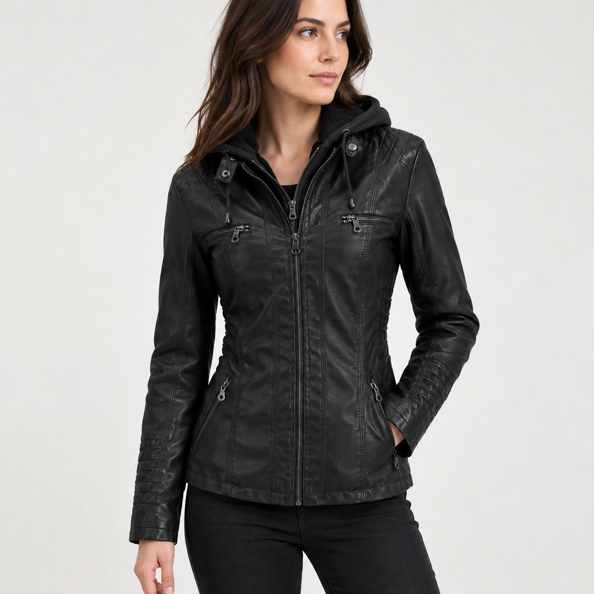 Clarisse Hooded Leather Jacket - Black