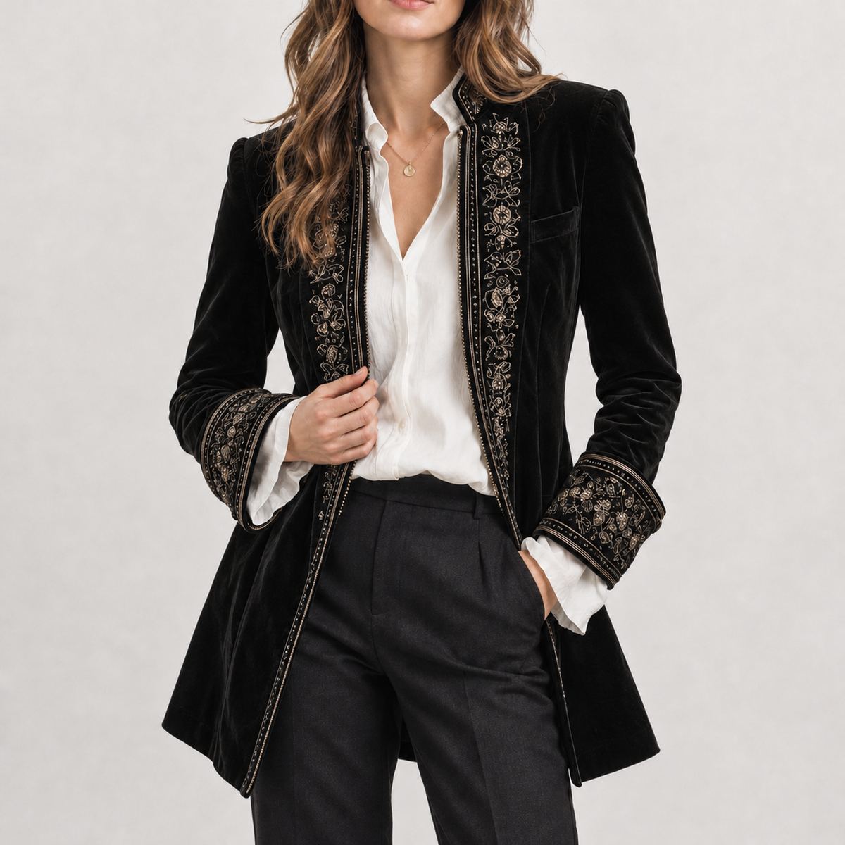 Felicie Embroidered Velvet Jacket - Black