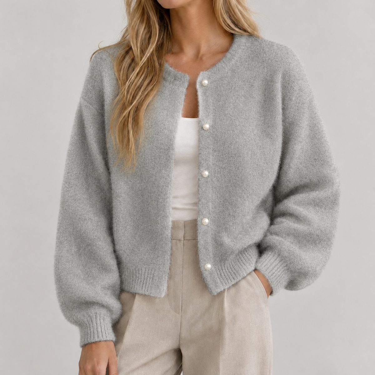 Clotilde Pearl Button Cardigan - Gray