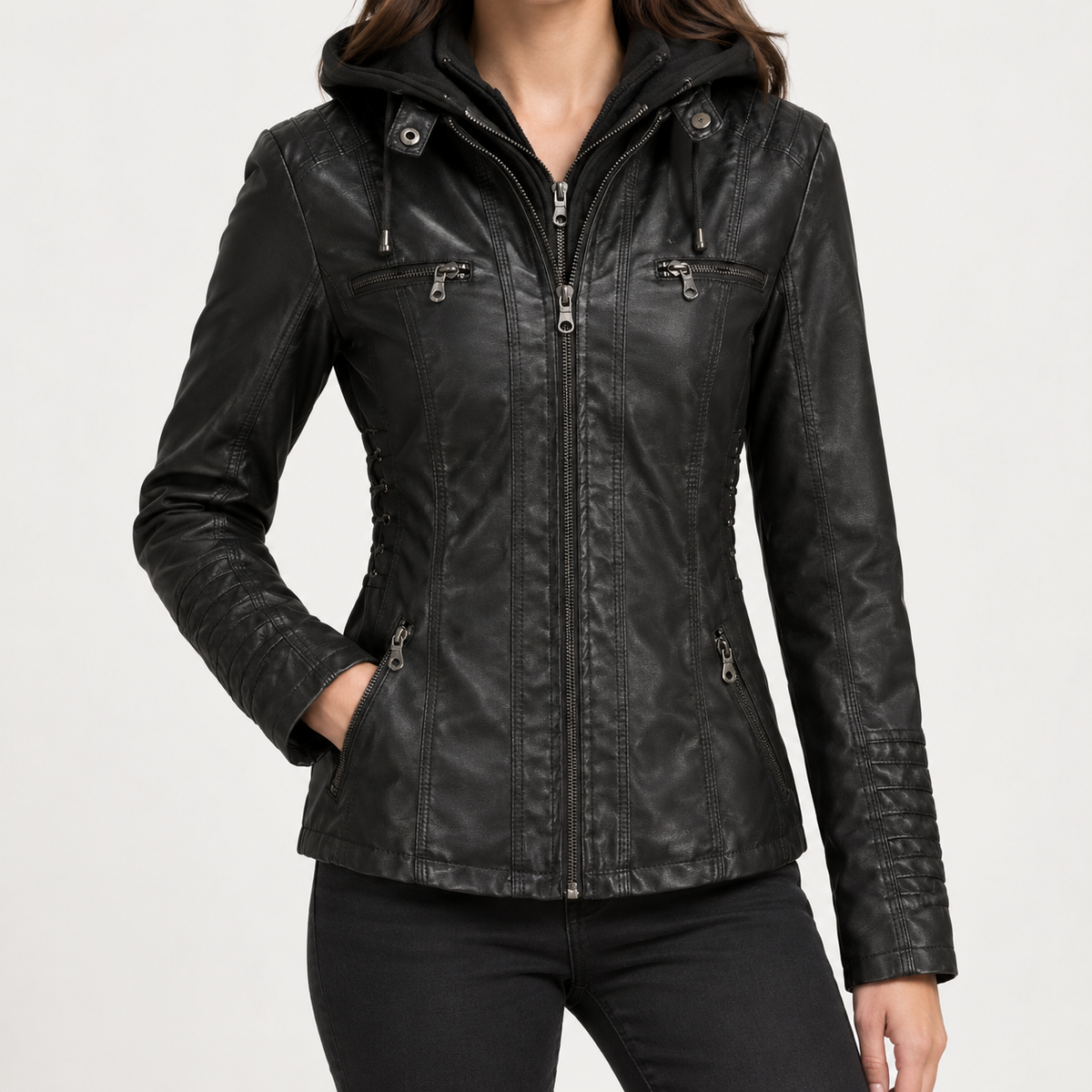 Clarisse Hooded Leather Jacket - Black