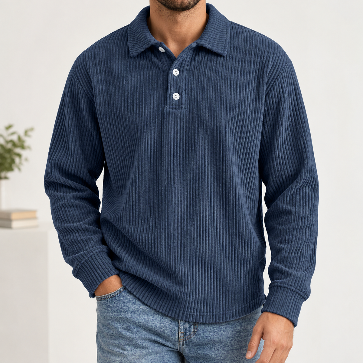 Cosimo Ribbed Polo Shirt - Navy Blue