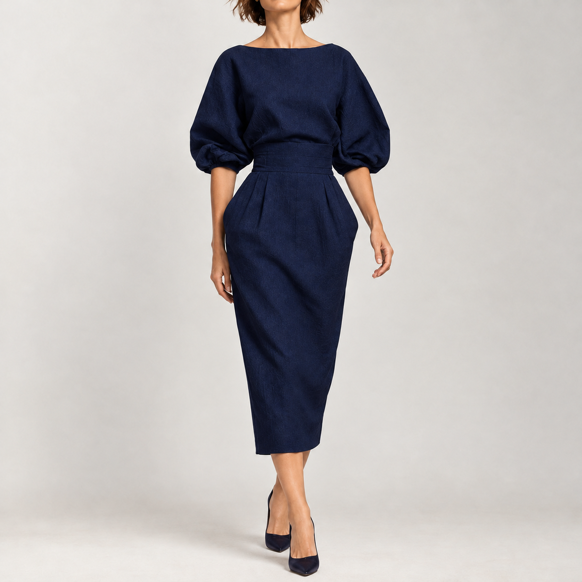 Anke Pleated Midi Dress - Navy Blue