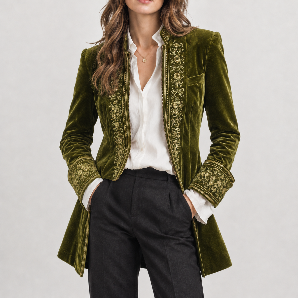 Felicie Embroidered Velvet Jacket - Olive Green