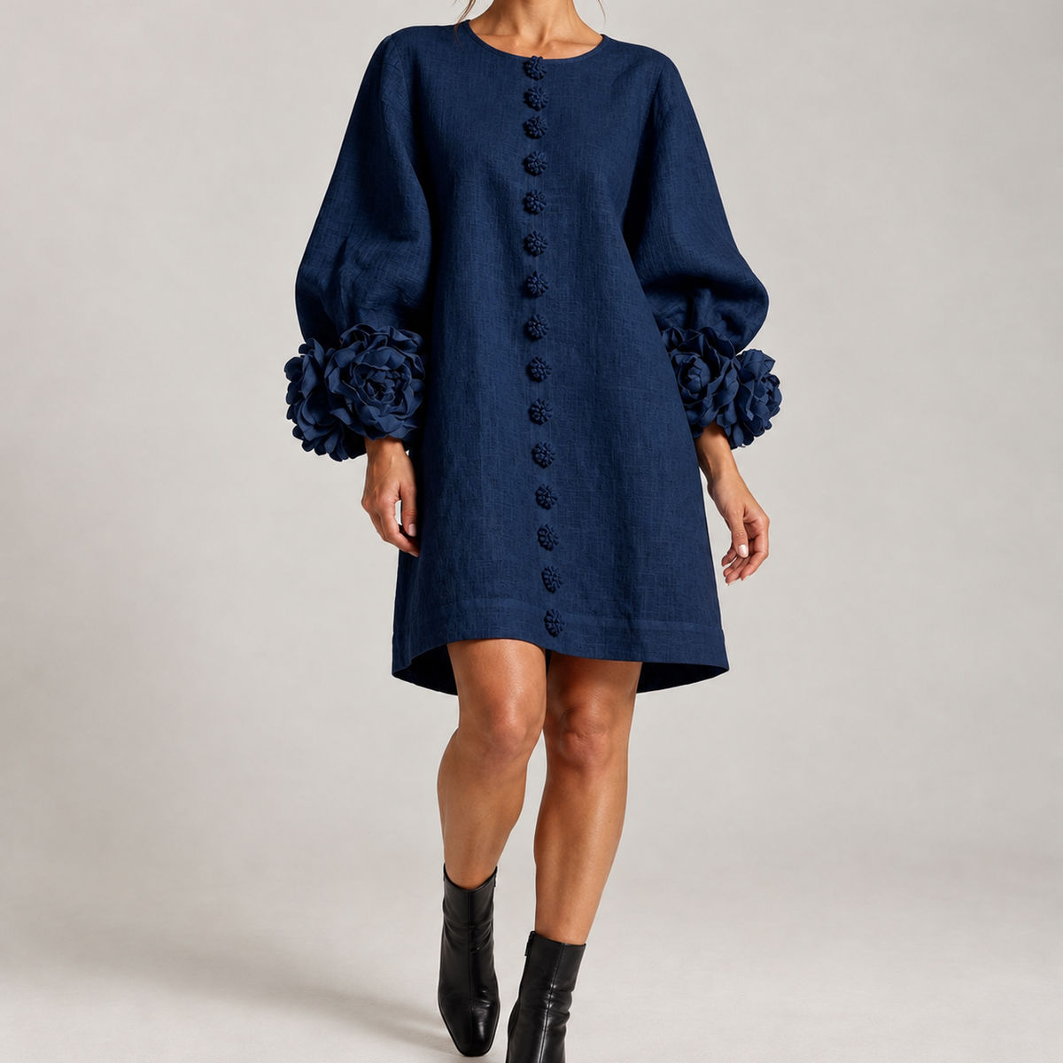 Helma Floral Cuff Dress - Navy Blue