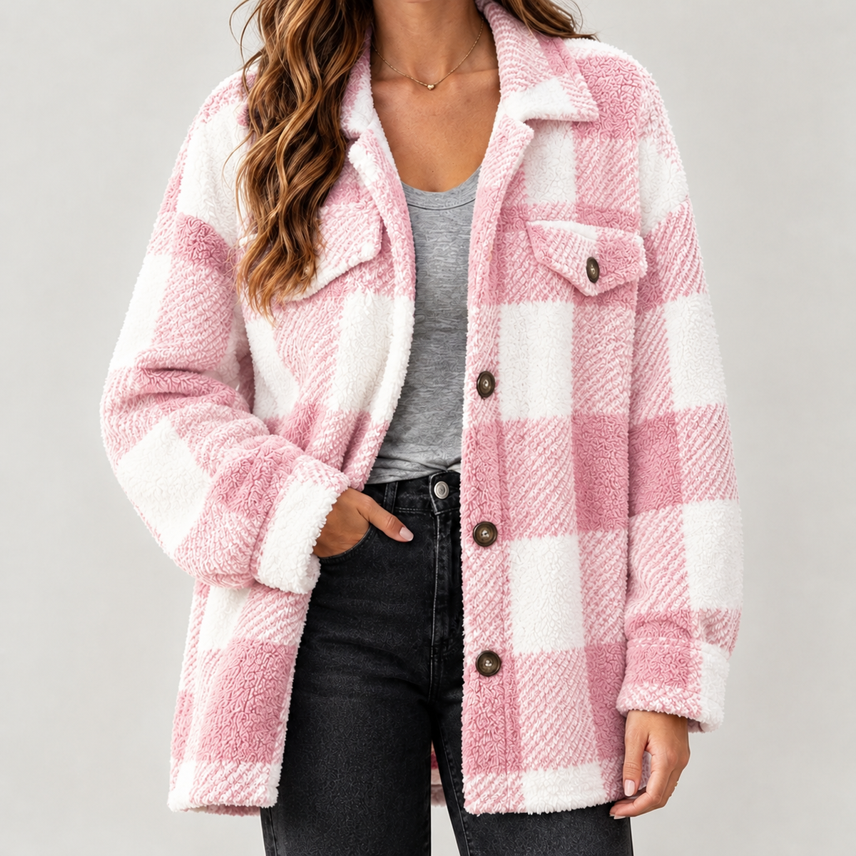 Maribel Plush Plaid Jacket - Pink