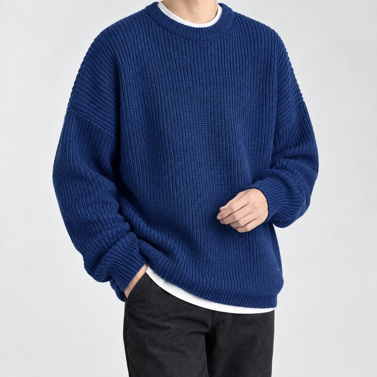 Sebastien Ribbed Crew Neck Sweater - Dark Blue