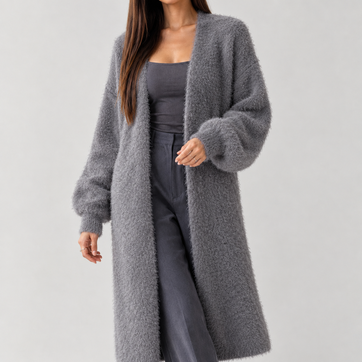 Fabiola Fuzzy Longline Cardigan - Gray