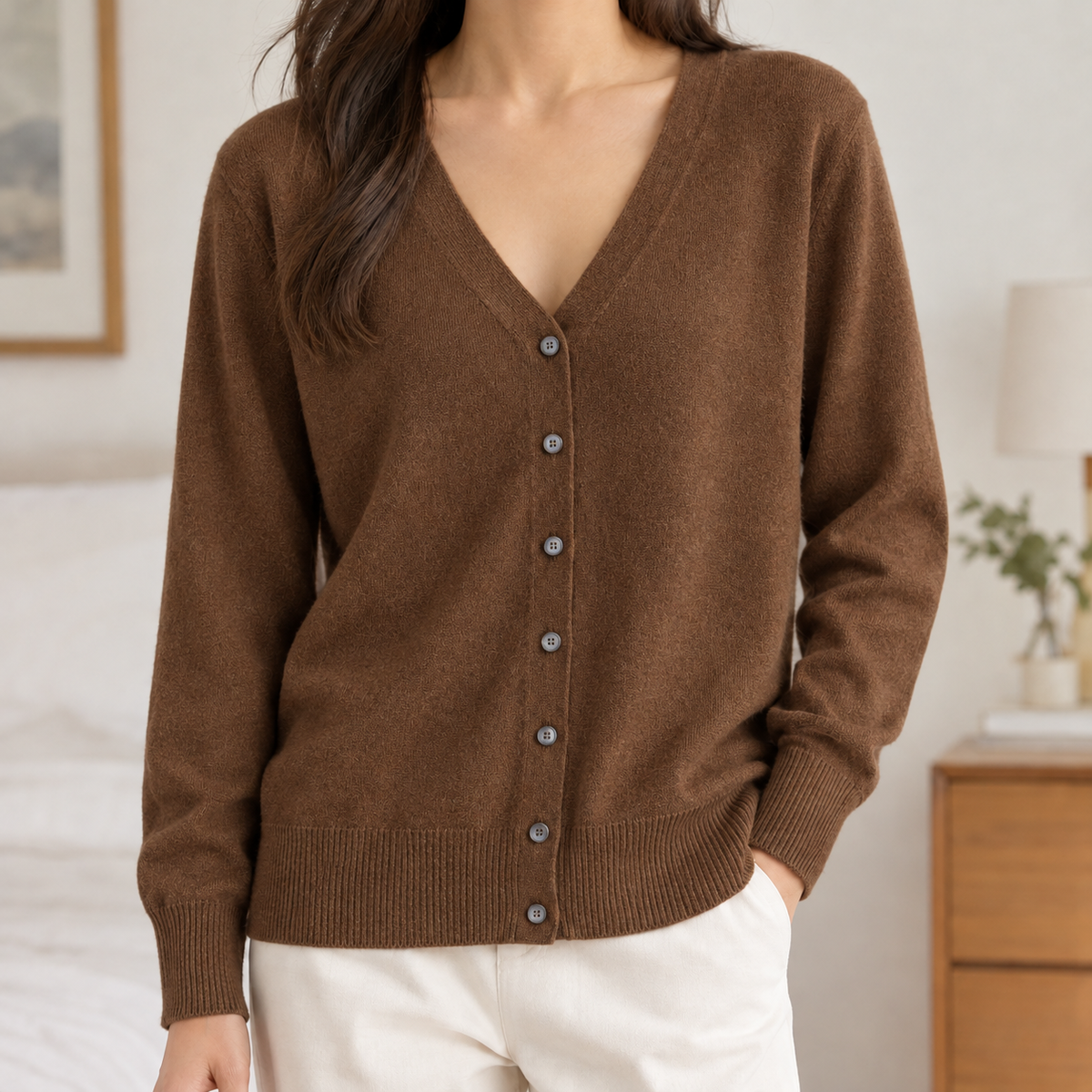 Constanze V Neck Cardigan - Flower Coffee