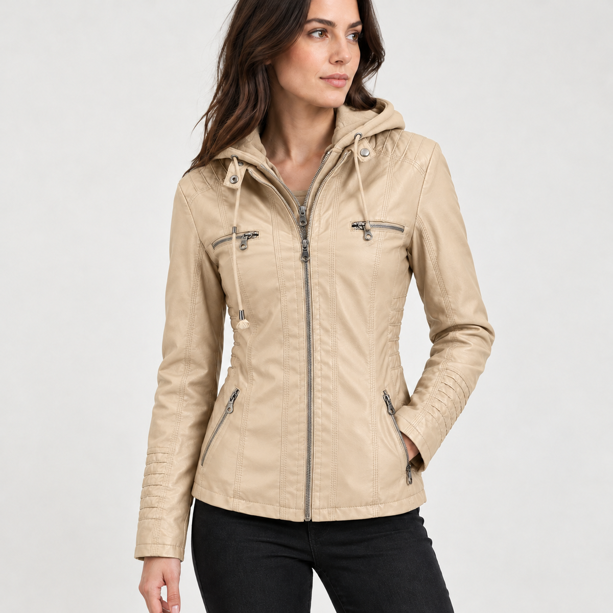 Clarisse Hooded Leather Jacket - Apricot
