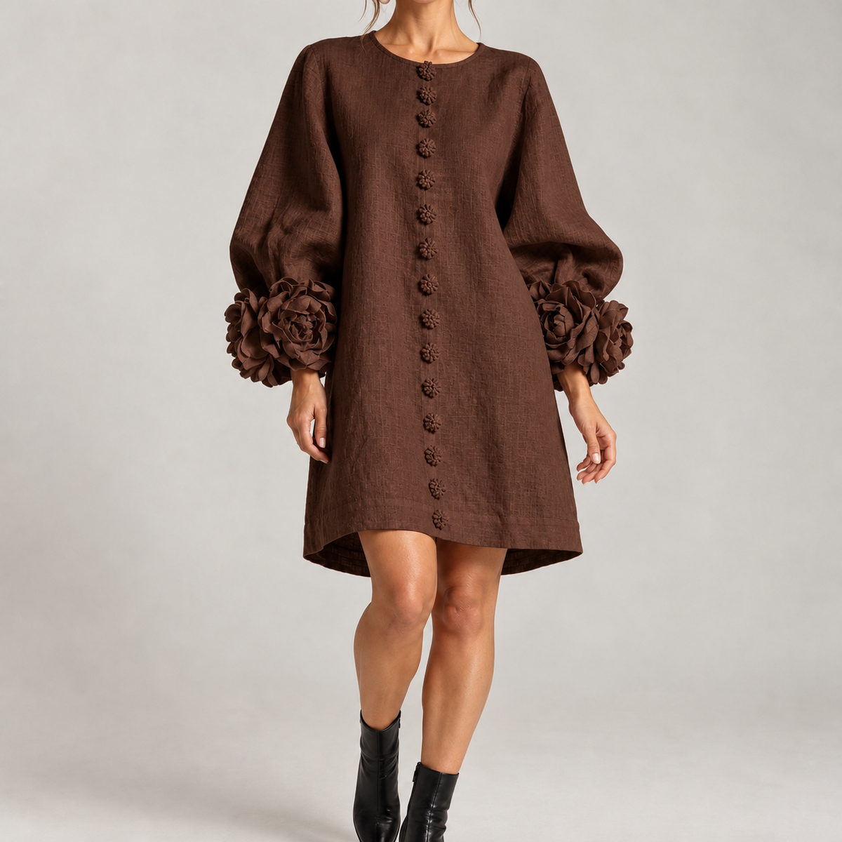 Helma Floral Cuff Dress - Dark Brown