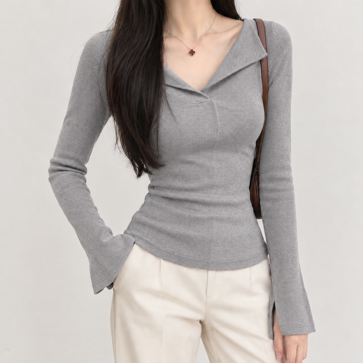 Vivian V Neck Top - Light Gray
