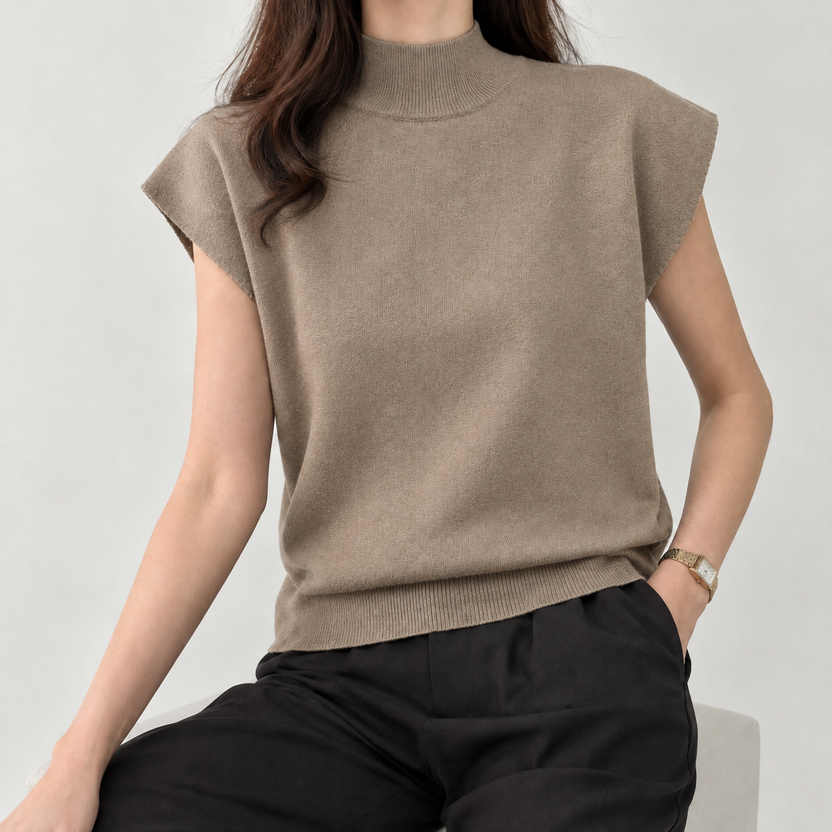Elettra Mock Neck Top - Camel Apricot