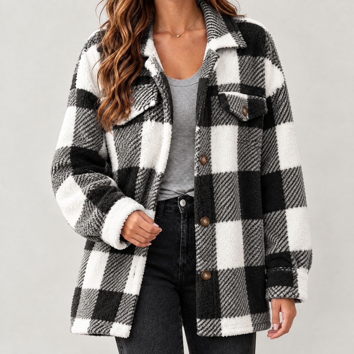 Maribel Plush Plaid Jacket - Black
