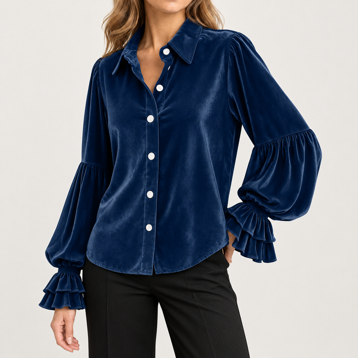 Evelise Ruffle Cuff Blouse - Dark Blue