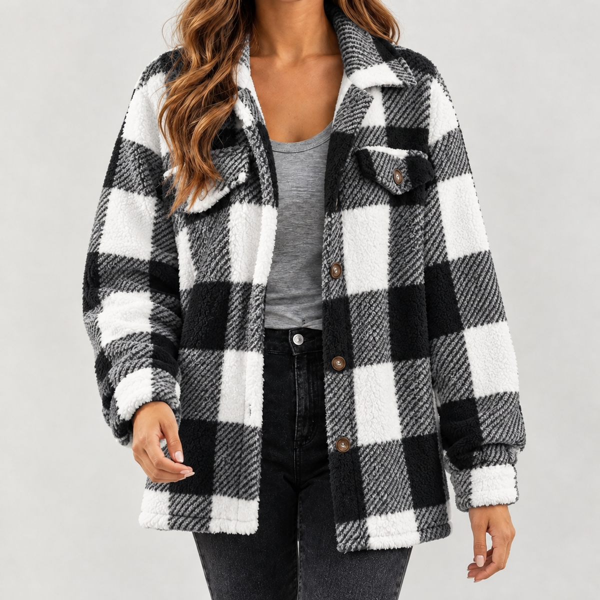 Maribel Plush Plaid Jacket - Black
