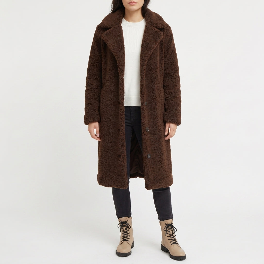 Hattie Longline Teddy Coat - Coffee