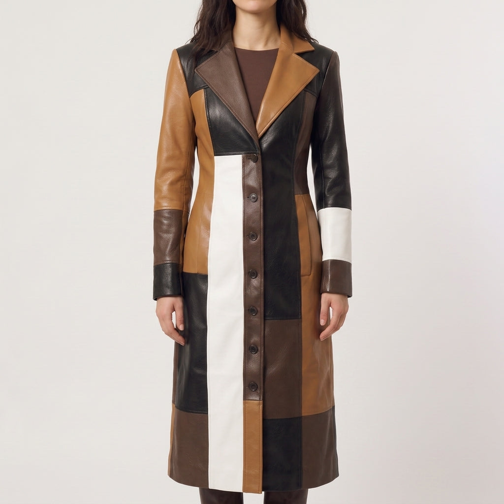 Effie Patchwork Faux Leather Coat - Brown Patchwork