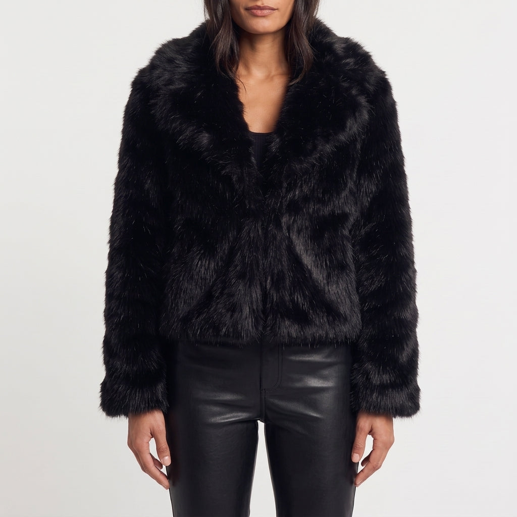 Iona Cropped Faux Fur Jacket - Black